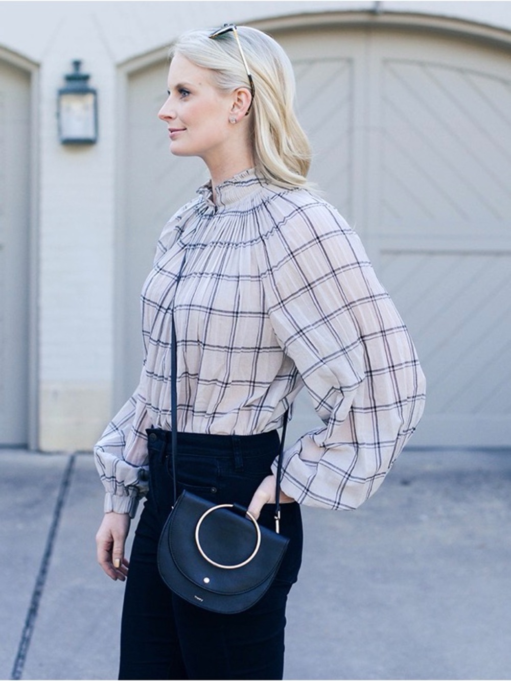 Tibi Cream Plaid Smocked-Neck Blouse